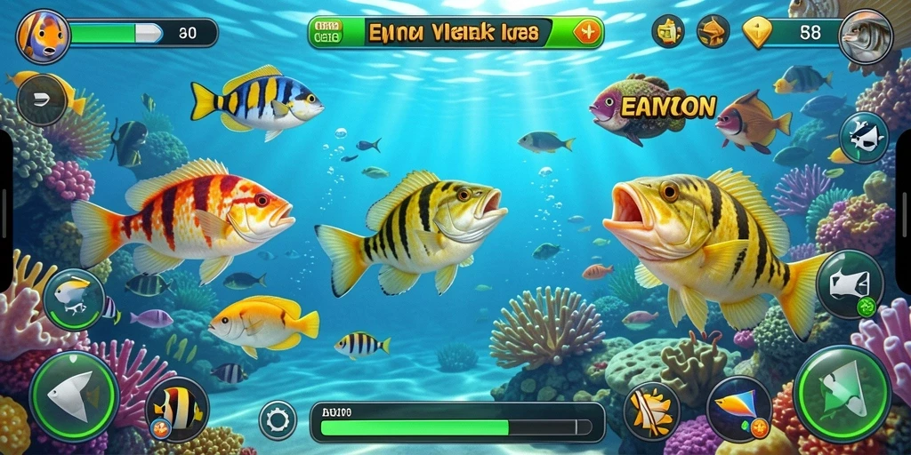 Tampilan screenshot gameplay AW8 yang menunjukkan aksi menembak ikan.