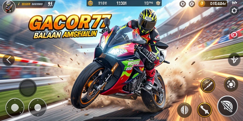 Screenshot gameplay GACOR77 yang menampilkan balapan motor seru.