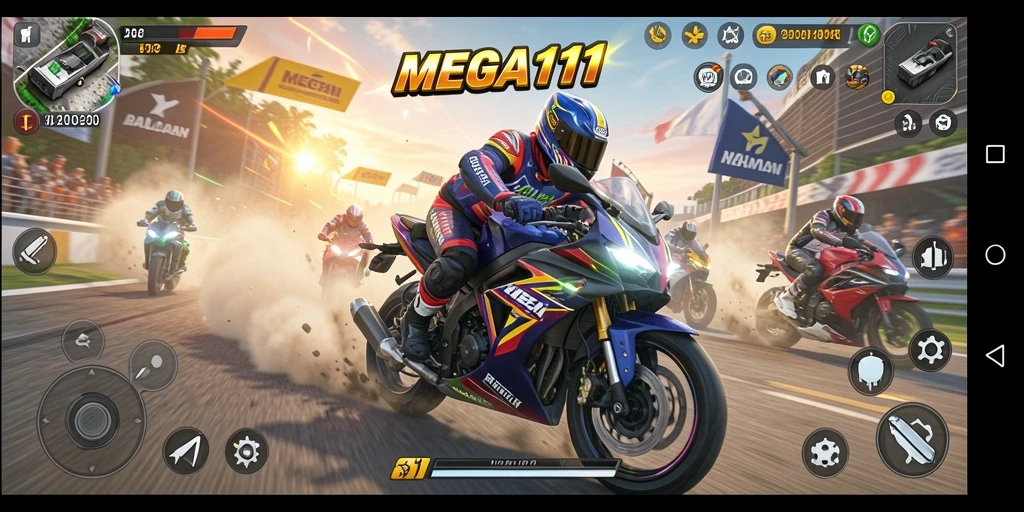 Tampilan gameplay <strong>MEGA111</strong> yang mendebarkan saat balapan motor.
