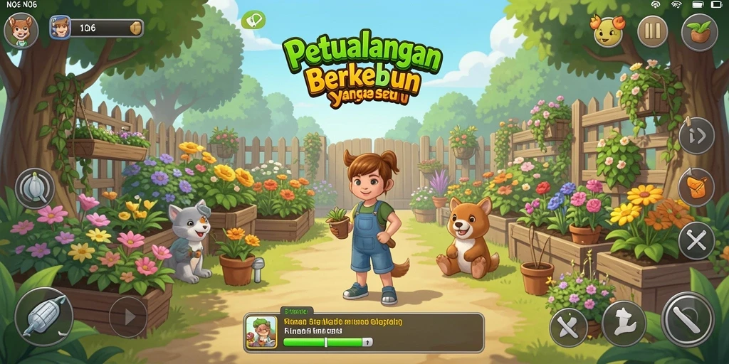Tampilan gameplay N06, menunjukkan ladang yang subur dan aktivitas berkebun.