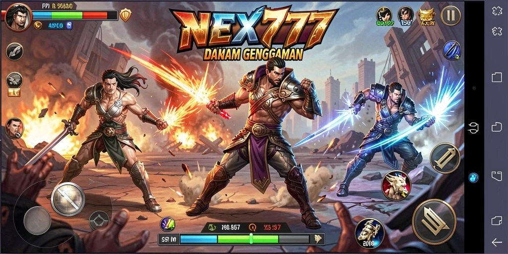 Tampilan gameplay NEX777 menampilkan pertarungan seru antar karakter dengan efek visual menakjubkan.