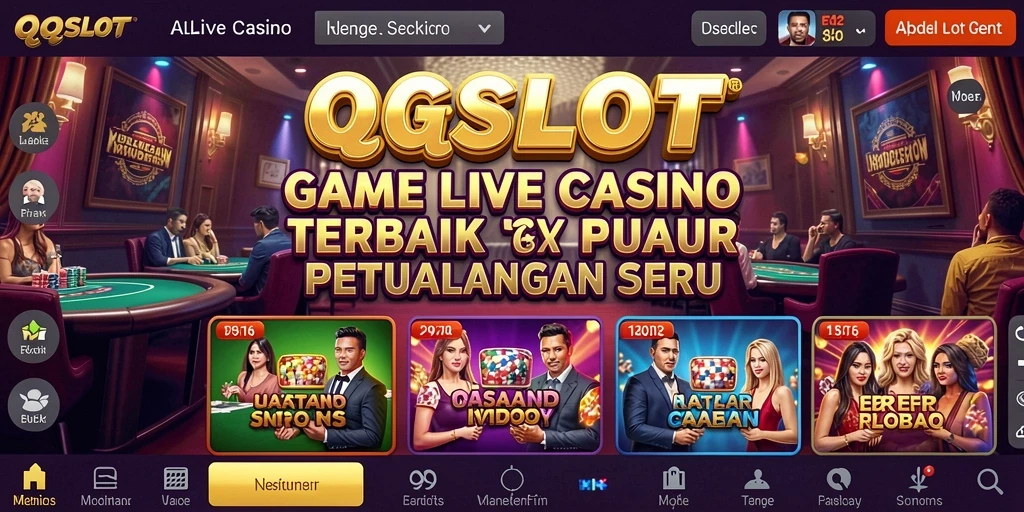 Screenshot gameplay QQSLOT menunjukkan dealer langsung dan suasana kasino yang nyata.