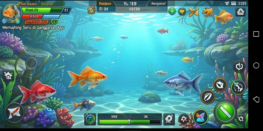 Screenshot utama RR89 menampilkan pemain yang menangkap ikan di danau yang indah.