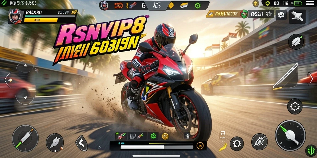 Screenshot gameplay RSNVIP8 menampilkan balapan motor yang mendebarkan.