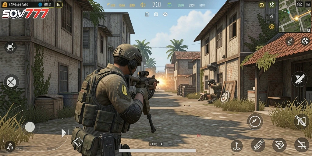 Screenshot gameplay menampilkan aksi tembak-menembak di SOV777.